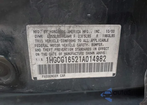 2001 Honda Accord 3.0 Ex из США, поврежденный, VIN 1HGCG16521A014982